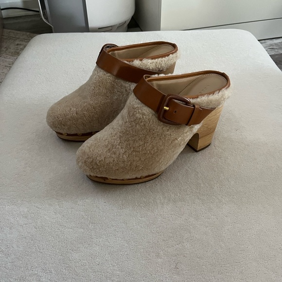 Veronica Beard Shoes - Veronica Beard Beige Shearling Clog Mules with Brown Leather Strap